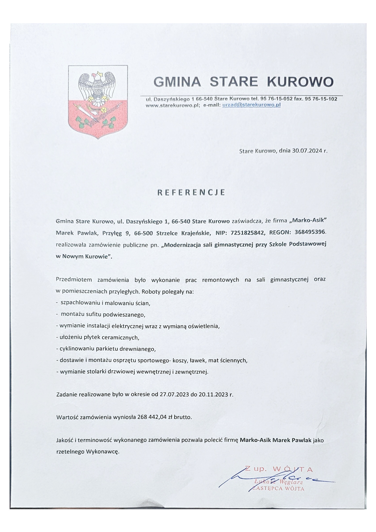 Skan dokumentu referencyjnego od Gminy Stare Kurowo dla firmy Marko-Asik, za modernizację sali gimnastycznej przy Szkole Podstawowej w Nowym Kurowie, z listą wykonanych prac remontowych i podpisem...