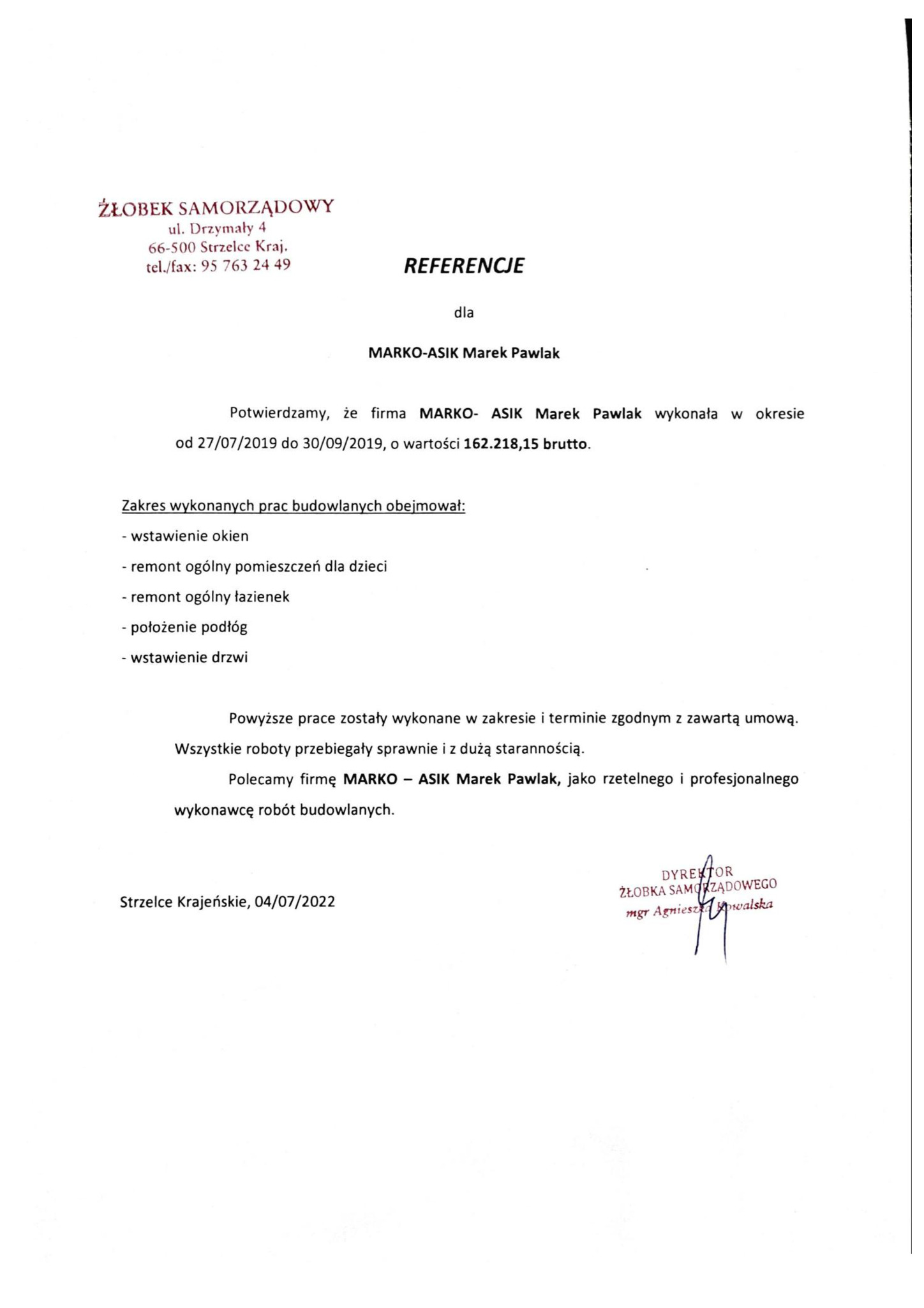 Skan dokumentu referencyjnego dla firmy MARKO-ASIK Marek Pawlak, potwierdzający wykonanie prac budowlanych obejmujących wstawienie okien i drzwi, remont pomieszczeń dla dzieci i łazienek...