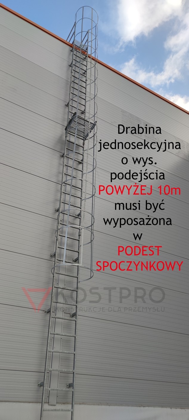 drabina z koszem, drabina ewakuacyjna, drabina z podestem, montaz drabin