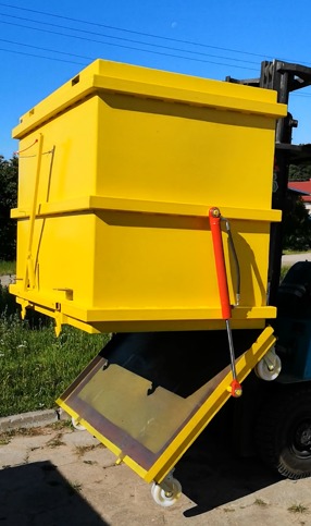 kontener samowyładowczy do wózka widłowego, kontener na odpady, kontener na popiół, pojemnik stalowy, kontener na kołach