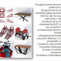 Kompilacja wizualizacji 3D: metalowy stolik kawowy, rama pojazdu, stół z drewnianym blatem, zestaw mebli ogrodowych, schody, walcarka do metalu, okrągły stolik z kwiatami, obrabiarka, stolik...