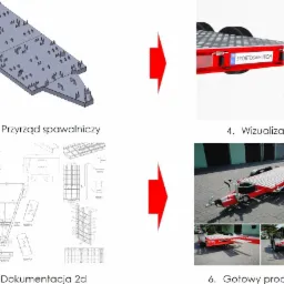Schemat technologiczny przyrządu spawalniczego, wizualizacja 3D i dokumentacja 2D gotowej czerwonej przyczepy samochodowej z platformą.