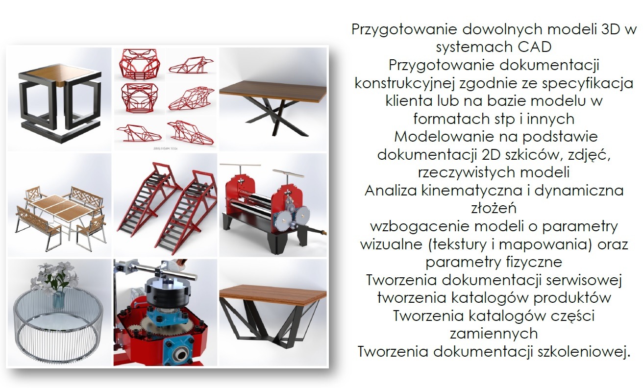 Kompilacja wizualizacji 3D: metalowy stolik kawowy, rama pojazdu, stół z drewnianym blatem, zestaw mebli ogrodowych, schody, walcarka do metalu, okrągły stolik z kwiatami, obrabiarka, stolik...