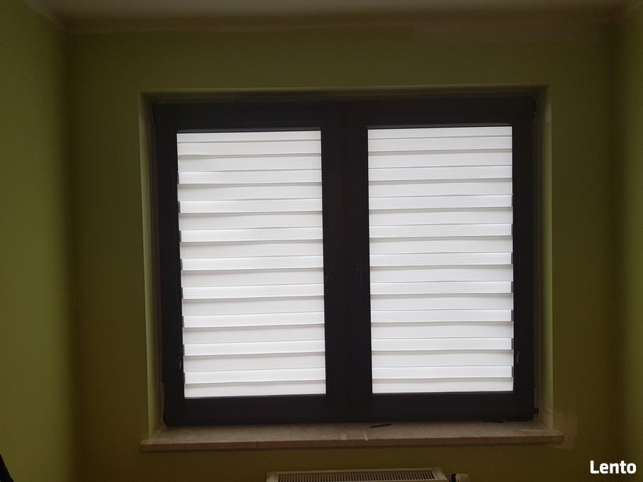 Pokój z oknem w ciemnej ramie i białymi roletami dzień-noc, ściany w odcieniu zgaszonej zieleni, widoczny fragment parapetu i grzejnika.
