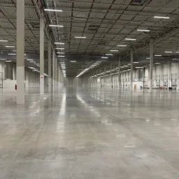 Rozległa, pusta hala magazynowa z betonową posadzką, regularnym układem kolumn i rzędami świetlówek pod sufitem. Widoczne bramy przemysłowe i instalacje przeciwpożarowe.