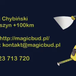 Wizytówka firmy budowlanej z Działoszyna, zawierająca imię i nazwisko, obszar działania, NIP, adres strony internetowej, adres e-mail oraz numer telefonu, uzupełniona o ilustracje szpachelki...