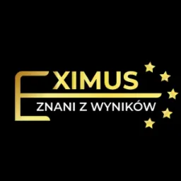 Złote logo firmy 'XIMUS' z hasłem 'ZNANI Z WYNIKÓW' i stylizowanymi gwiazdkami na czarnym tle.