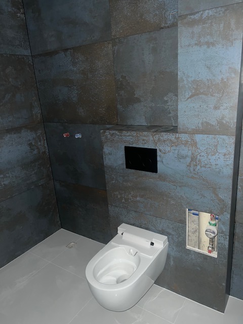 Nowoczesna toaleta podwieszana w łazience wykończonej płytkami imitującymi metal, z widoczną instalacją wodną w ścianie. Minimalistyczny design, szara kolorystyka.