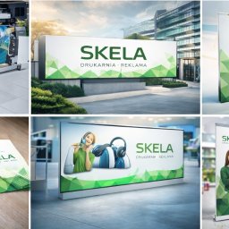 Skela Drukarnia Pos - Kompozycja sześciu zdjęć prezentujących realizacje drukarni: baner reklamowy, billboard, roll-up, ulotki z logo firmy SKELA w zielono-białej kolorystyce.