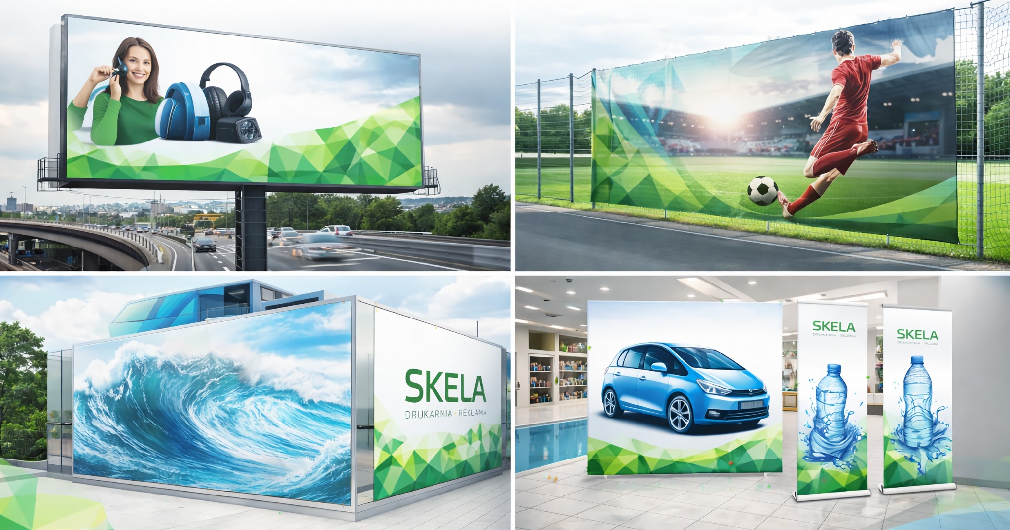 Kompozycja czterech realizacji druku wielkoformatowego: billboard z kobietą, siatka z piłkarzem, budynek z falą i roll-up z autem i wodą. Grafika w zielonej tonacji.