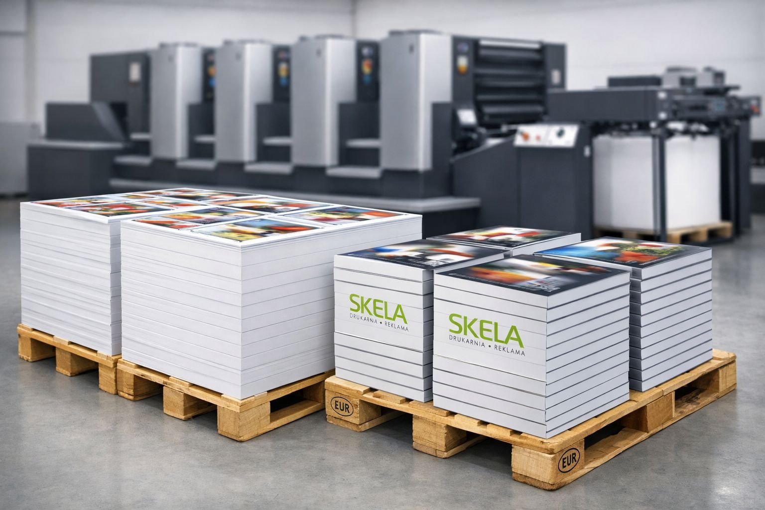 Stosy świeżo wydrukowanych materiałów reklamowych z logo 'SKELA' na paletach, w tle maszyna drukarska. Stonowana kolorystyka, ostre światło.