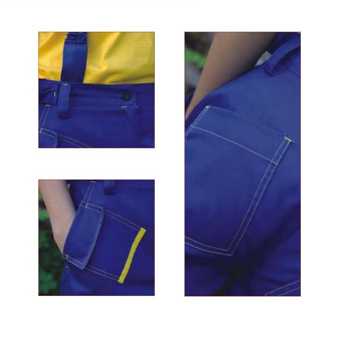 Zbliżenie na detale niebieskich spodni roboczych z żółtymi akcentami, prezentujące kieszenie i szelki.