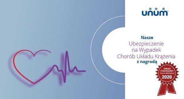 Grafika reklamowa z logotypem firmy ubezpieczeniowej, przedstawiająca symbol serca z linią EKG, informująca o ubezpieczeniu na wypadek chorób układu krążenia i nagrodzie.