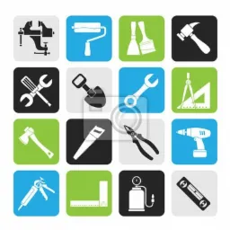 Ikony narzędzi budowlanych i remontowych w kwadratowych ramkach, w tym wiertarka, młotek, poziomica, pędzle, piła, klucze i inne.