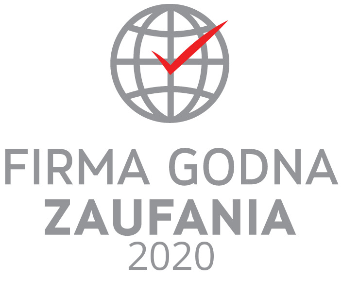 Szary znak graficzny 'Firma Godna Zaufania 2020' z symbolem globu i czerwonym symbolem akceptacji.