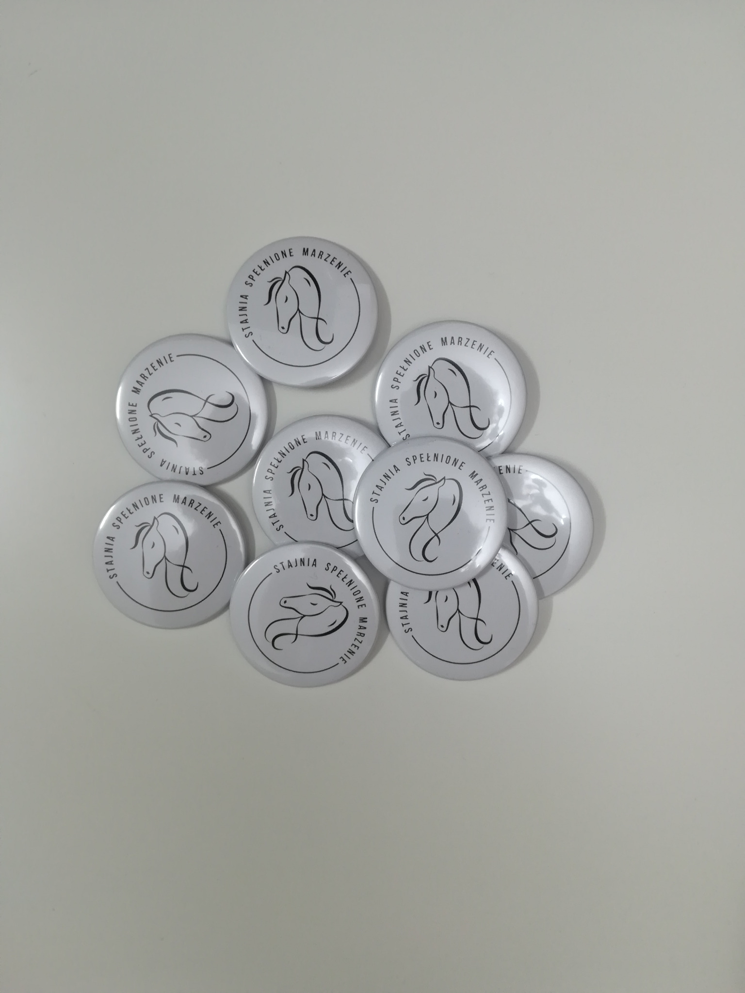 Kolekcja okrągłych przypinek z logo stajni jeździeckiej 'Stajnia Spełnione Marzenie', prezentujących stylizowaną grafikę głowy konia w czerni na białym tle.