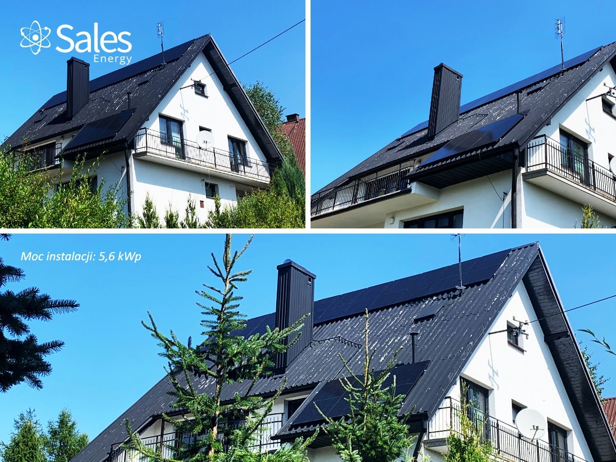 Instalacja paneli na dachu dwuspadowym białego domu, widok z różnych perspektyw, moc instalacji 5,6 kWp, logo firmy Sales Energy w lewym górnym rogu.
