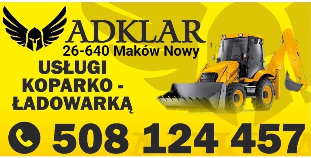 Żółto-czarne logo firmy ADKLAR z Makowa Nowego, oferującej usługi koparko-ładowarką, z numerem telefonu i grafiką orła oraz ilustracją koparko-ładowarki.