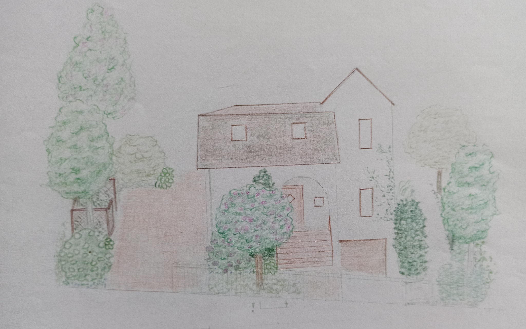 Szkic koncepcyjny domu jednorodzinnego z ogrodem, wykonany kredkami ołówkowymi, prezentujący plan zagospodarowania terenu z zielenią.