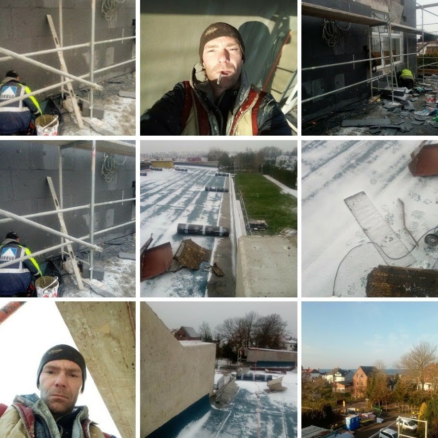 Montaż ocieplenia na elewacji budynku w zimowych warunkach, widoczne rusztowania, pracownik w kombinezonie z logo firmy, oraz selfie pracownika z papierosem w ustach i widok na płaski dach pokryty...