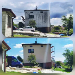 Porównanie stanu budynku przed i po malowaniu elewacji w Kielcach, widoczne rusztowanie i zabezpieczenia.