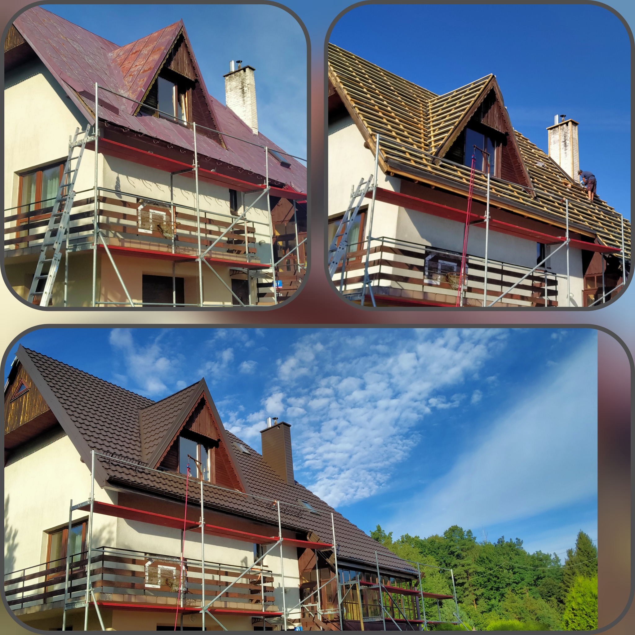 Kolaż przedstawiający etapy prac przy dachu domu jednorodzinnego: stan przed, w trakcie i po wykonaniu pokrycia, widoczne rusztowania, elementy konstrukcji drewnianej i nowa dachówka.