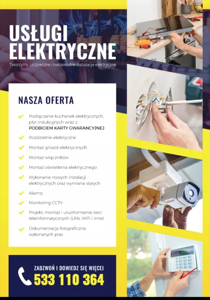 Ulotka reklamowa firmy elektrycznej prezentująca usługi: podłączanie kuchenek indukcyjnych, rozdzielnie elektryczne, montaż gniazd i włączników, oświetlenia, alarmów i monitoringu CCTV...