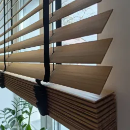 Drewniane żaluzje poziome w oknie, częściowo zasłonięte, z czarnymi sznurkami, widok na roślinę doniczkową za oknem.