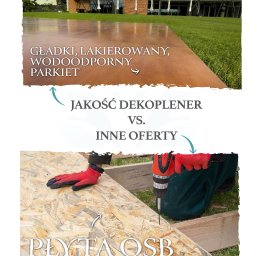 DekoPlener Wypożyczalnia Namiotów i Dekoracji - Grafika porównująca gładki, lakierowany parkiet wodoodporny z płytą OSB. W tle budynek z zielonym trawnikiem. Prezentacja jakości materiałów.