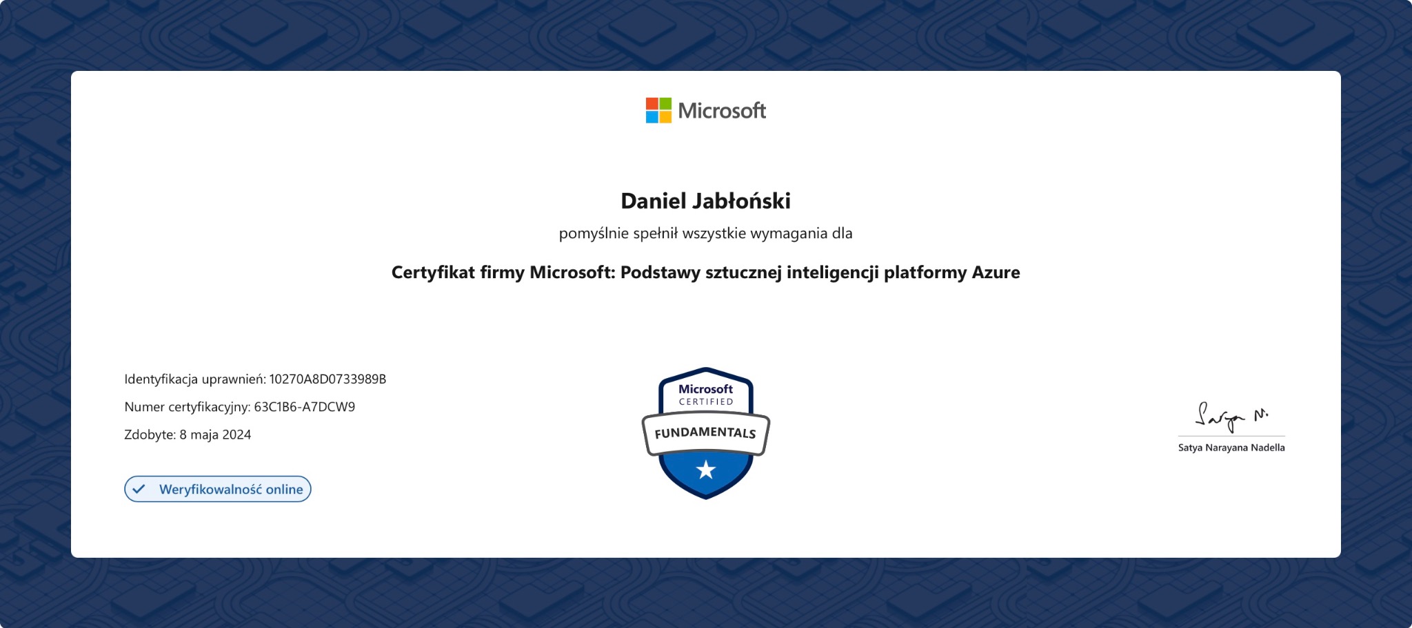 Certyfikat Microsoft: Podstawy sztucznej inteligencji platformy Azure dla Daniela Jabłońskiego. Identyfikacja uprawnień: 10270A8D0733989B.