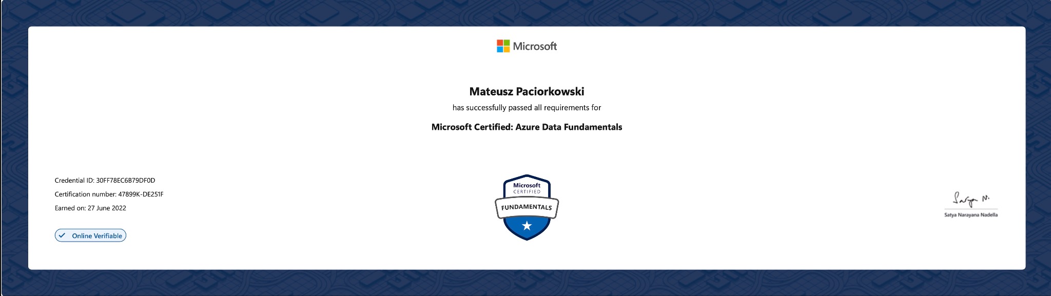Certyfikat Microsoft Azure Data Fundamentals dla Mateusza Paciorkowskiego. Potwierdzenie kwalifikacji w obszarze baz danych i analizy danych w chmurze Azure.