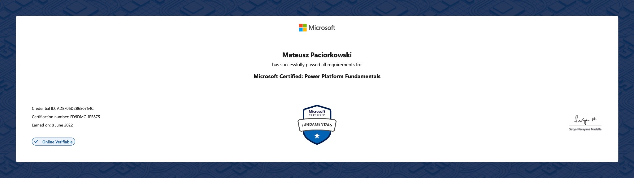 Certyfikat Microsoft Certified: Power Platform Fundamentals dla Mateusza Paciorkowskiego. Potwierdzenie kwalifikacji w obszarze platformy Power Platform.