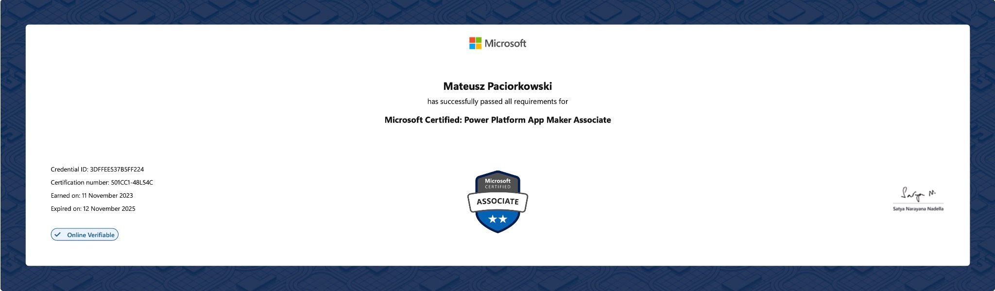 Certyfikat Microsoft Certified: Power Platform App Maker Associate dla Mateusza Paciorkowskiego, potwierdzający kwalifikacje w tworzeniu aplikacji.