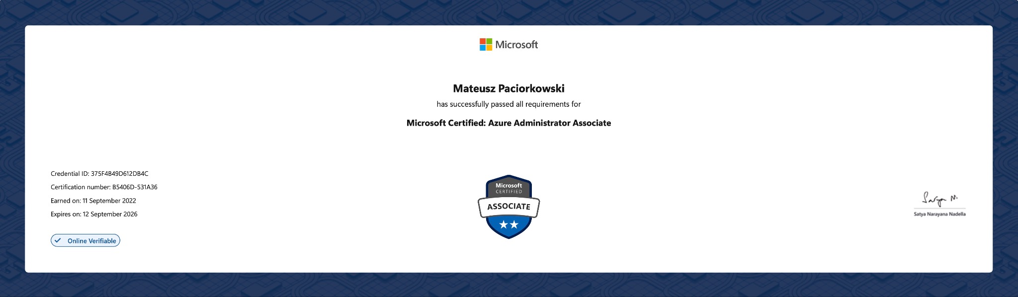 Certyfikat Microsoft Certified: Azure Administrator Associate dla Mateusza Paciorkowskiego, ważny do 12 września 2026. Zawiera logo Microsoft i numer certyfikacji.