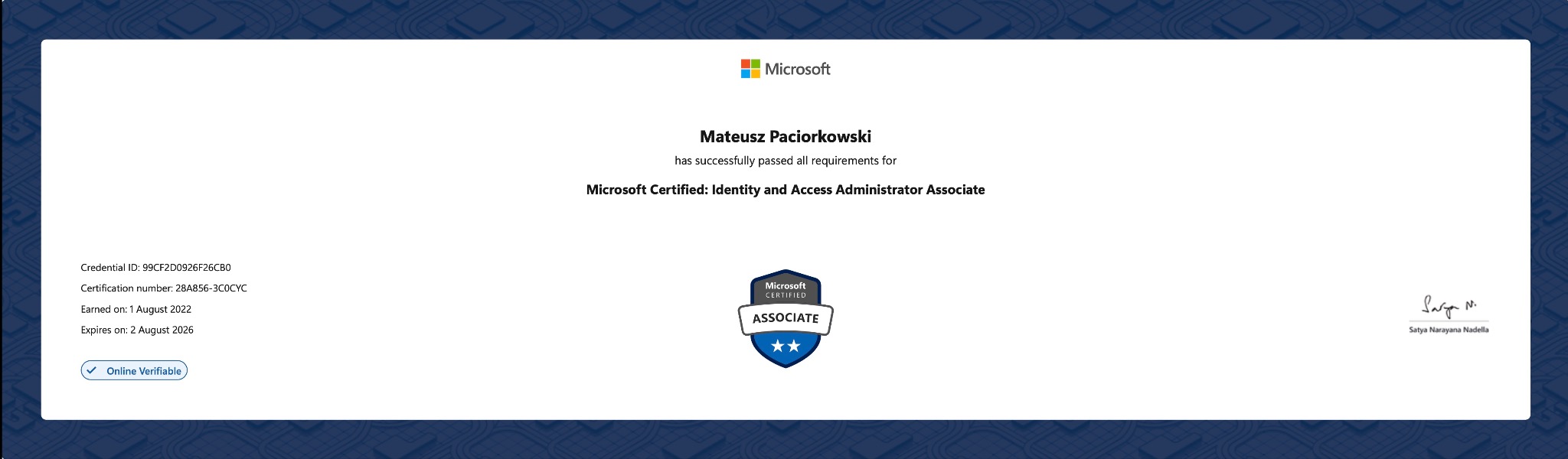 Certyfikat Microsoft Certified: Identity and Access Administrator Associate dla Mateusza Paciorkowskiego, ważny do 2 sierpnia 2026.