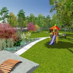 Wizualizacja ogrodu w Skarżysko-Kamiennej z placem zabaw, ścieżką z kulistymi lampami, rabatami kwiatowymi i strefą relaksu z leżakiem i krzesłami.