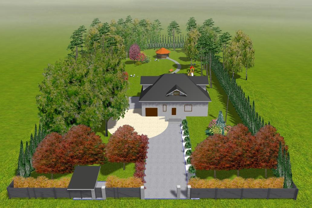 Wizualizacja 3D zagospodarowania terenu wokół domu jednorodzinnego z ogrodem, placem zabaw, altaną i podjazdem.