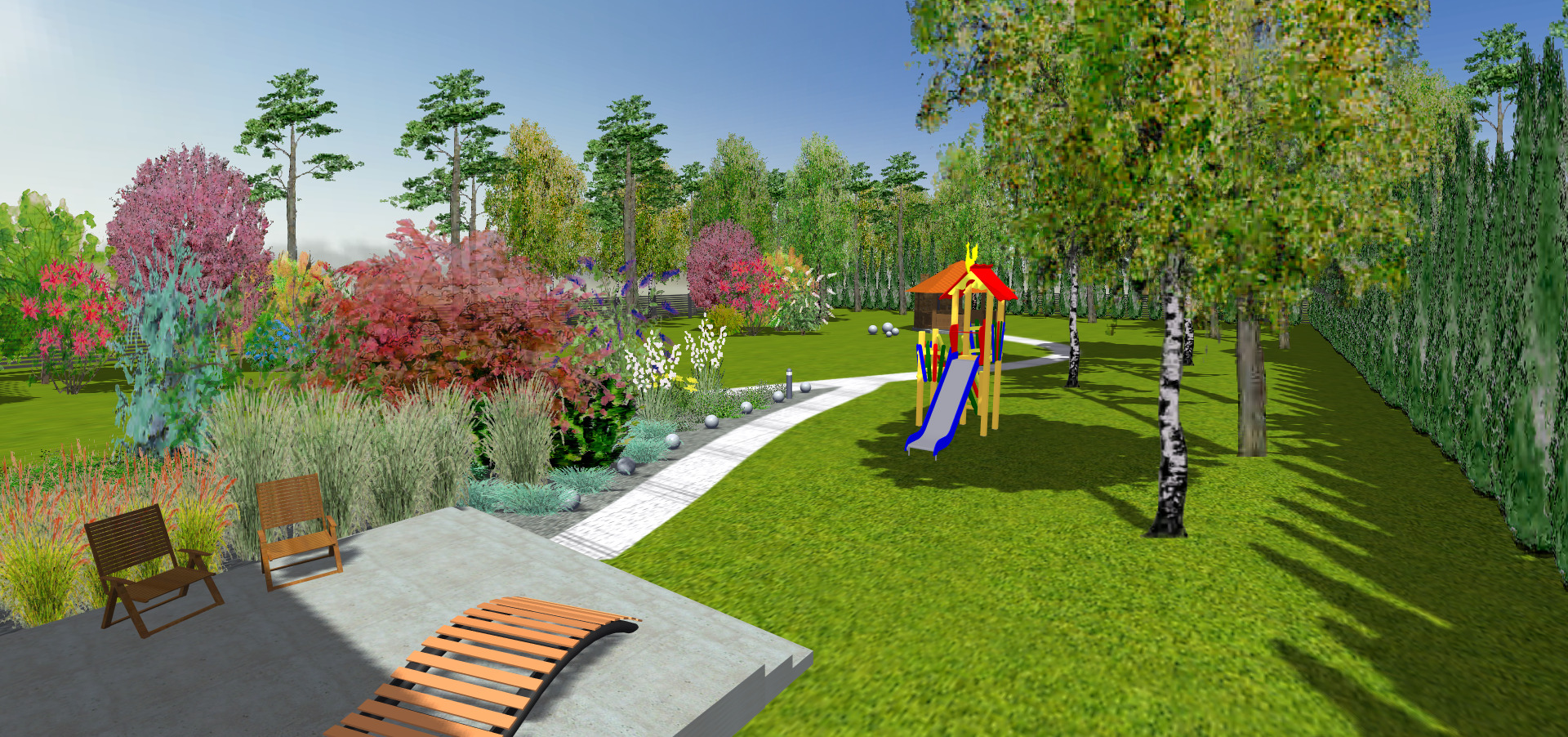 Wizualizacja ogrodu w Skarżysko-Kamiennej z placem zabaw, ścieżką z kulistymi lampami, rabatami kwiatowymi i strefą relaksu z leżakiem i krzesłami.