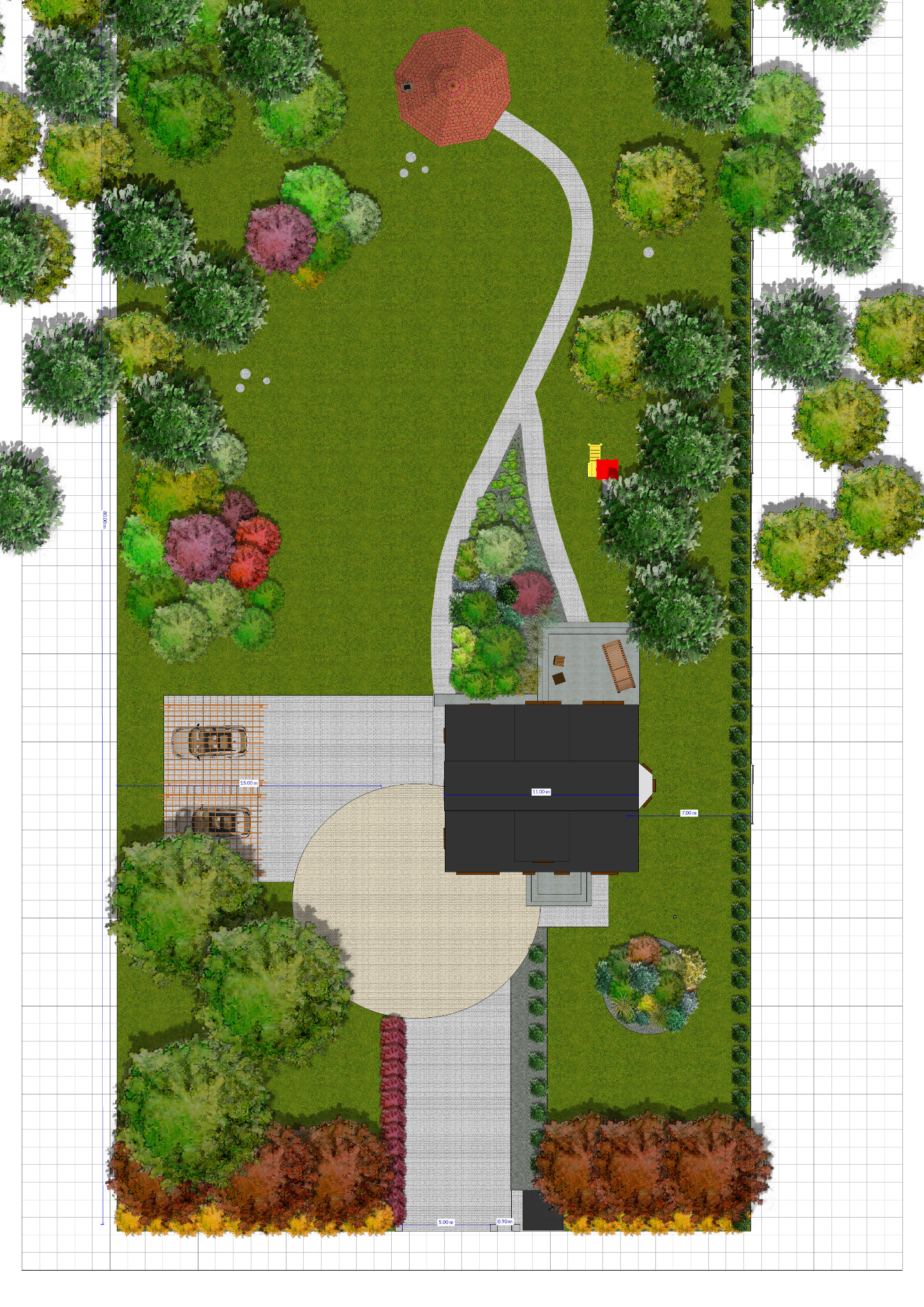 Widok z góry na projekt ogrodu z domem, ścieżką, trawnikiem, drzewami, altaną, miejscem do parkowania i patio z meblami ogrodowymi, z naniesionymi wymiarami.