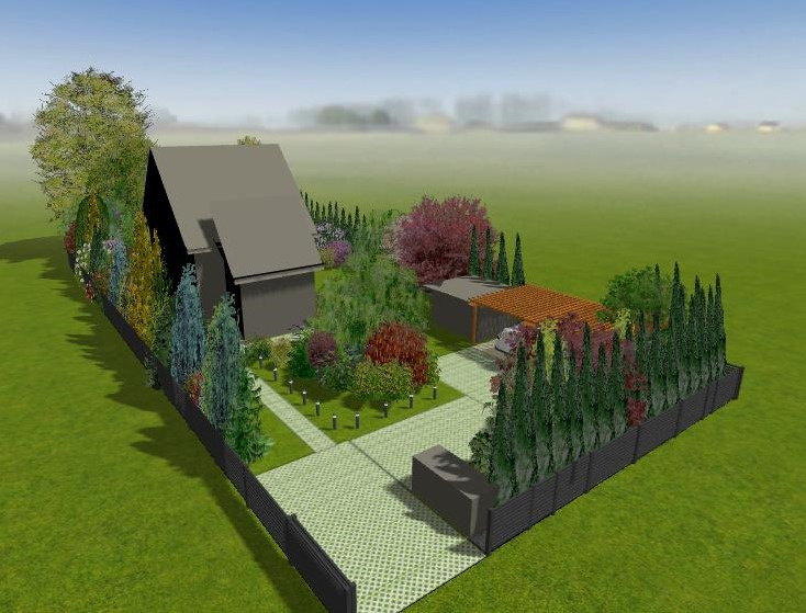 Wizualizacja 3D zagospodarowania przestrzeni wokół domu z kwadratową kostką brukową, niskim ogrodzeniem, nasadzeniami drzew i krzewów oraz oświetleniem.