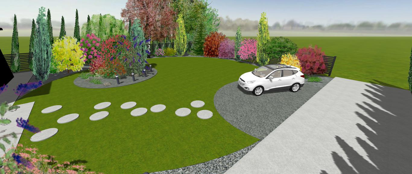 Wizualizacja ogrodu z trawnikiem, ścieżką z kamiennych płyt, ozdobnymi krzewami i drzewami, oraz podjazdem z samochodem osobowym.