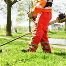 Pracownik w pomarańczowym kombinezonie i rękawicach roboczych przycina trawę kosiarką spalinową na trawniku z widocznymi żółtymi kwiatami mniszka, w tle drzewa i kanał wodny.