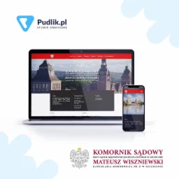 Prezentacja responsywnej strony internetowej kancelarii komorniczej ze Szczecina na laptopie i smartfonie, z widocznym logo Pudlik.pl Studio Graficzne.