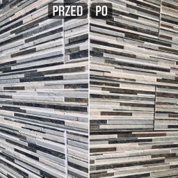 ŁADny BŁYSK - Porównanie stanu ściany z dekoracyjnej mozaiki przed i po czyszczeniu, widoczne usunięcie zabrudzeń i odświeżenie kolorów.