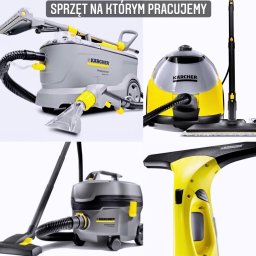 ŁADny BŁYSK - Zestaw sprzętu marki Karcher do czyszczenia: odkurzacz piorący z lancą, parownica z nakładką do podłóg, odkurzacz uniwersalny oraz ręczna myjka do okien w kolorach szaro-żółtych na białym tle. U...