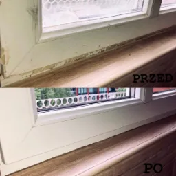 Porównanie okna PCV przed i po czyszczeniu: widoczne zabrudzenia i uszkodzenia na ramie okiennej w górnej części zdjęcia, czyste i odświeżone okno w dolnej części z widokiem na zieleń za oknem.