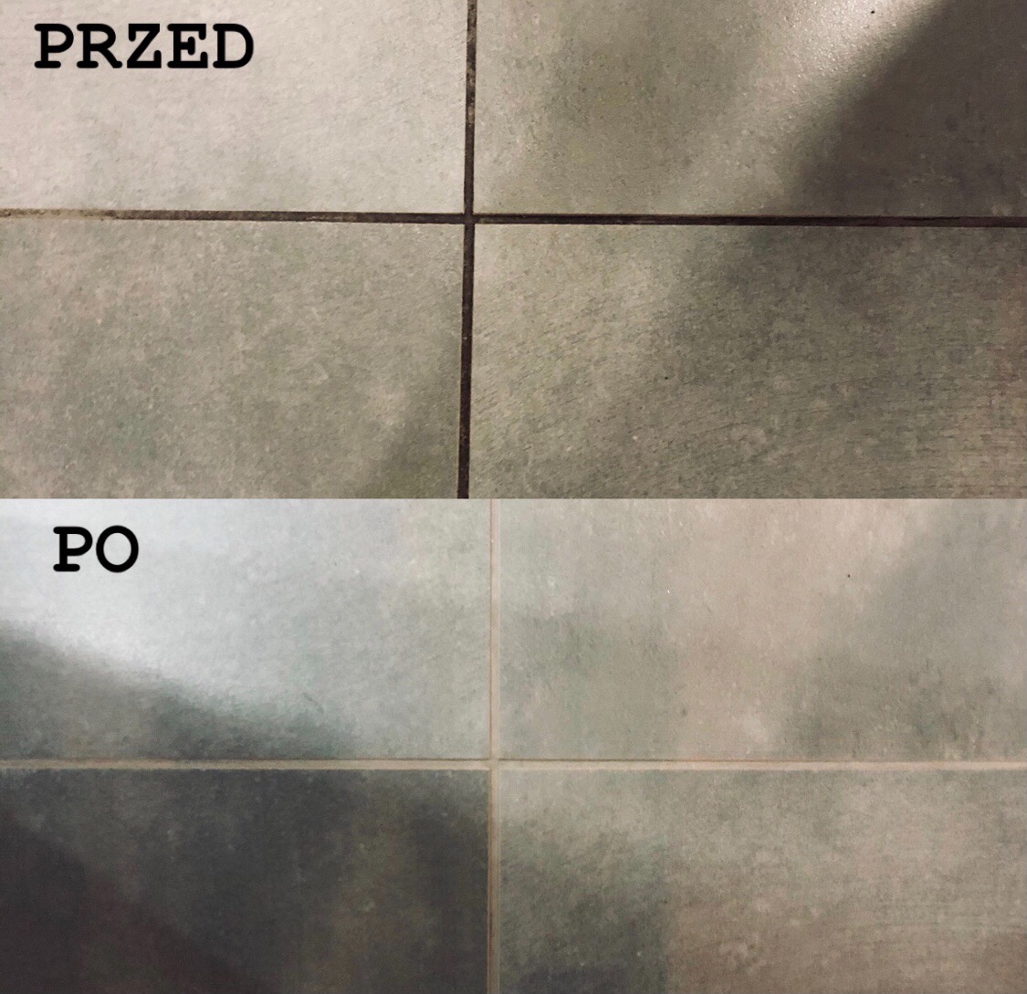 Płytki podłogowe przed i po czyszczeniu, widoczne ciemne fugi przed i jaśniejsze po, z napisem 'PRZED' i 'PO'.