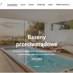 Strona internetowa firmy Obero prezentująca baseny przeciwprądowe z widokiem na krajobraz, minimalistyczne leżanki i dekoracyjną ścianę z heksagonów.