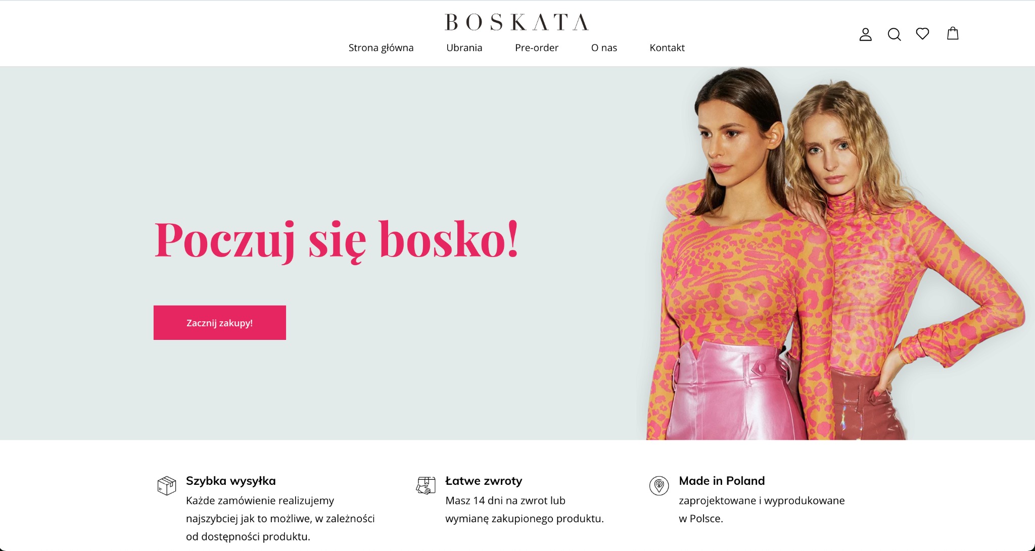 Strona główna sklepu internetowego Boskata z hasłem 'Poczuj się bosko!' i zdjęciem dwóch modelek prezentujących ubrania z najnowszej kolekcji.