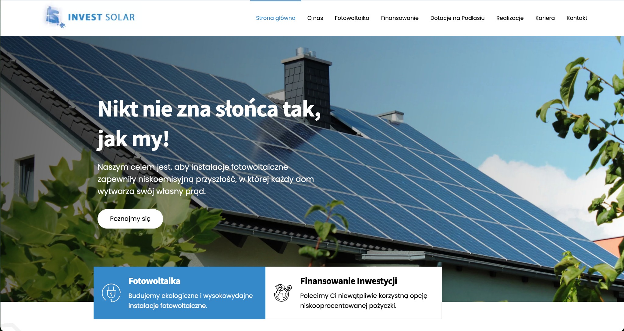 Strona internetowa firmy Invest Solar prezentująca instalację fotowoltaiczną na dachu domu jednorodzinnego, z hasłem 'Nikt nie zna słońca tak, jak my!' i ofertą finansowania inwestycji.